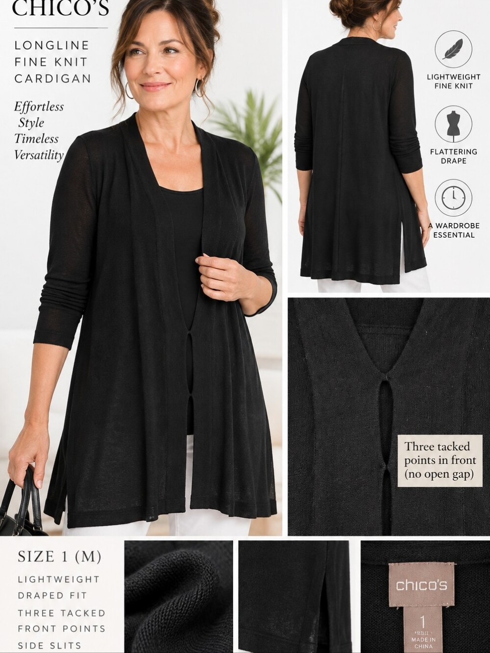 Chicos Black Fine Knit Tacked Front Cardigan Sweater Size 1 M Longline Draped